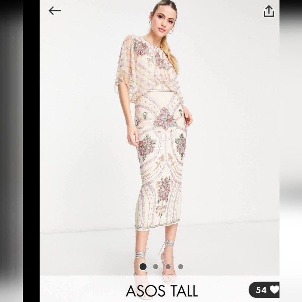 ASOS Tall blouson midi dress with art nouveau embellishment in cream Sz 14 /XL